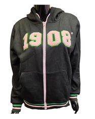 Alpha Kappa Alpha AKA Sorority Zip-Up Hoodie- Black-Chenille 