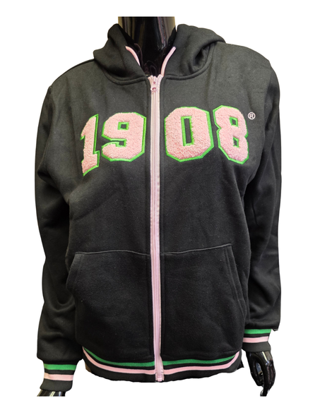 Alpha Kappa Alpha AKA Sorority Zip-Up Hoodie- Black-Chenille 