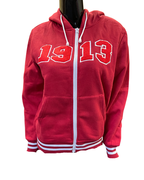 Delta Sigma Theta Sorority Zip-Up Hoodie- Red-Chenille
