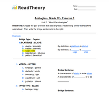 Analogies - Word Pair Analogies - Grade 12 - Exercise 1