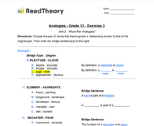 Analogies - Word Pair Analogies - Grade 12 - Exercise 3