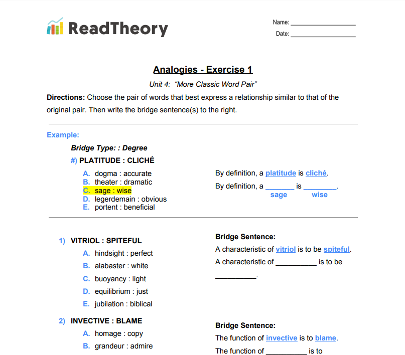 Analogies - More Classic Word Pair Analogies - High-Advanced (GRE ...