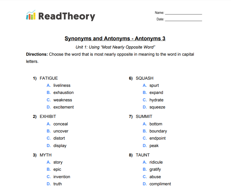 Synonyms And Antonyms Antonyms Grade 5 Exercise 3 Read Theory Synonyms And Antonyms Antonyms Grade 5 Exercise 3 Read Theory