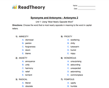 Synonyms and Antonyms - Antonyms - Grade 8 - Exercise 2