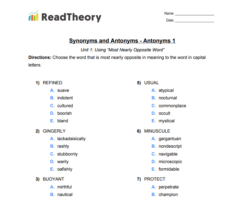 Synonyms Review Worksheet