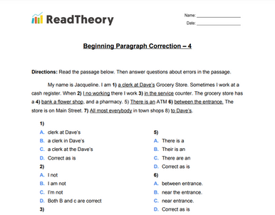 Paragraph Correction - Beginner - Exercise 4 - Read Theory Workbooks