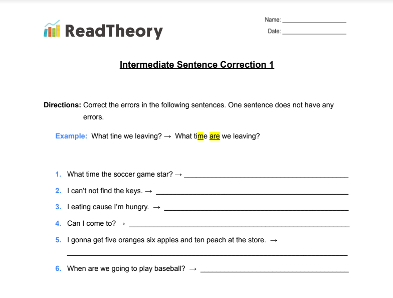 Sentence Correction - Intermediate - Exercise 1 - Read Theory Workbooks