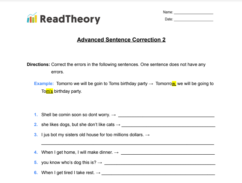 Sentence Correction - Advance - Exercise 2 - Read Theory Workbooks