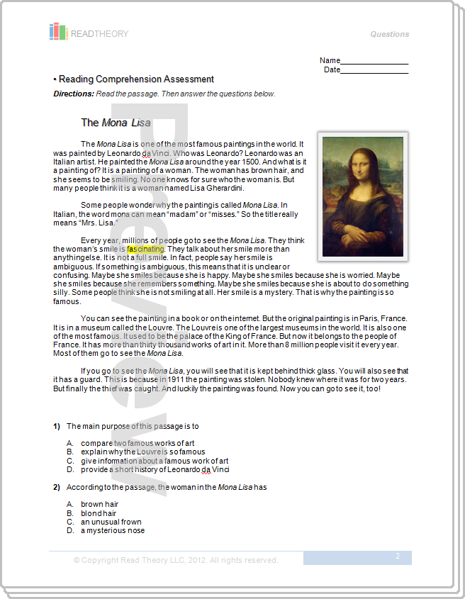 quot The Mona Lisa quot 4G / 470L Read Theory Workbooks