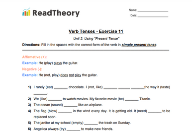 Verb Tenses - Present Tense - Exercise 11 - Simple Present Tense - Read  Theory Workbooks