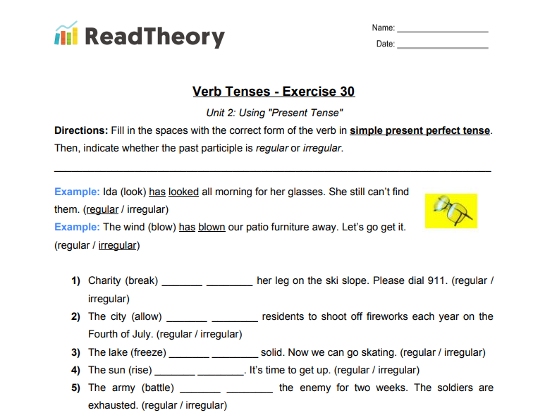 Verb Tenses Present Tense Exercise 30 Simple Present Perfect Tense Read Theory Workbooks Verb Tenses Present Tense Exercise 30 Simple Present Perfect Tense Read Theory Workbooks