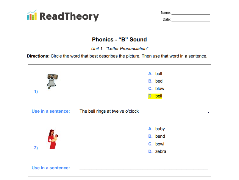 Phonics - “B” Sound - Read Theory Workbooks