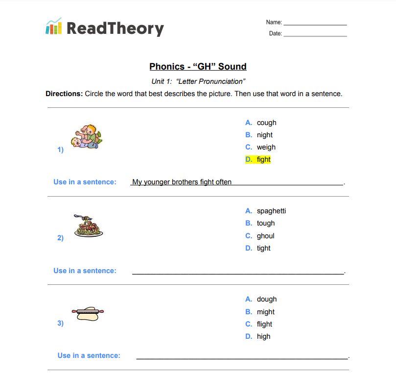 Phonics “GH” Sound Read Theory Workbooks