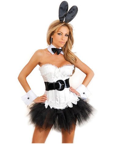 Daisy Corset 7 Pc Sexy Bunny Corset, Pettiskirt, Thong, Removable Belt, Ears, Choker And  Cuffs - White