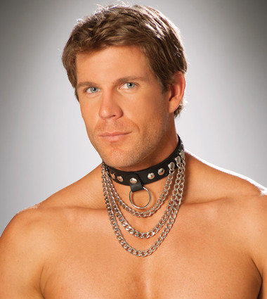 Elegant Moments Men's Leather Collar with Chains and O Ring