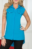 Ryocco Sleeveless Button Blouse with Long Hem - Blue