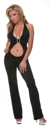 Sex Symbol Open Front Jumpsuit with Rhinestone Buckle - Black