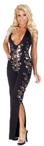 Sex Symbol Deep Plunging Neckline Jumpsuit with Sequin Butterfly Appliques