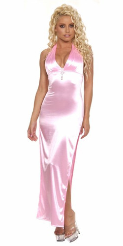Sex Symbol Long Satin Halter Gown with Matching Brooch - Baby Pink