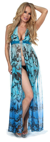 Sex Symbol Long Chiffon Gown with Lame Band - Blue Butterfly