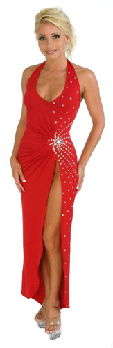 Sex Symbol Halter Top Gown with Gathered Front Trimmed with Rhinestone