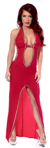 Sex Symbol Open Front Gown with Center Slit Trimmed with Rhinestones or Chrome Circles