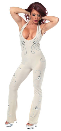 Sex Symbol Halter Top Jumpsuit Trimmed with Various  Metal and Rhinestones