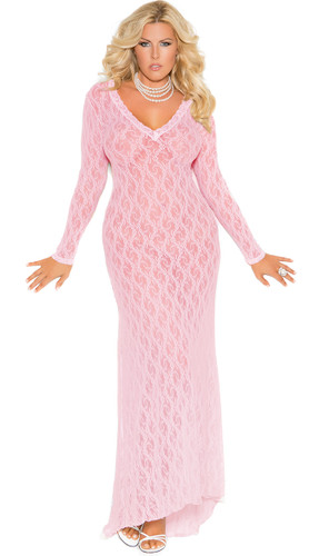 Elegant Moments Queen Long Sleeve Lace Gown with Deep V Front