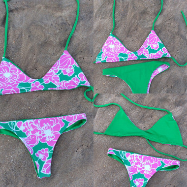 Starwear USA Piper Reversible Cheeky Bottom and Bralete Top Bikini Swimsuit -  Pink, green and white hibiscus and kelly green