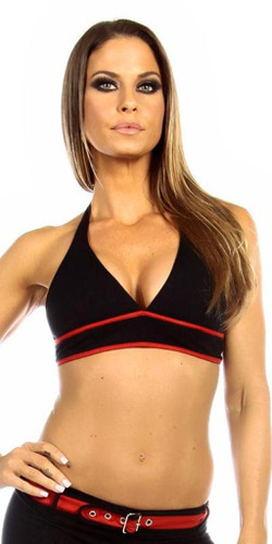 Fit By M Sexy Burn Adjustable Tie Athletic Ring Girl Gym Halter Top - Black/Red