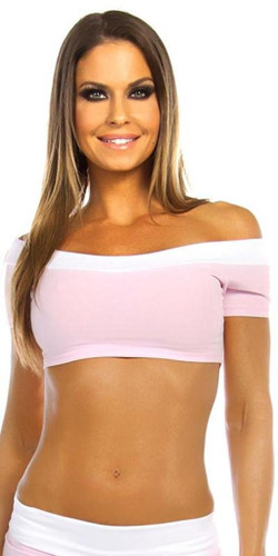 Fit By M Sexy Off Shoulder Namaste Yoga Work Out Gym Top - Baby Pink/White