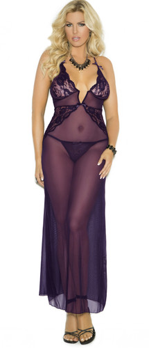 Elegant Moments Plus Size Deep V Mesh Gown with Lace Inserts
