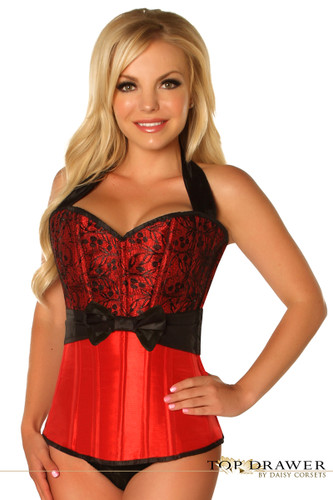 Daisy Corset Top Drawer Red Lace and Bow Halter Steel Boned Corset