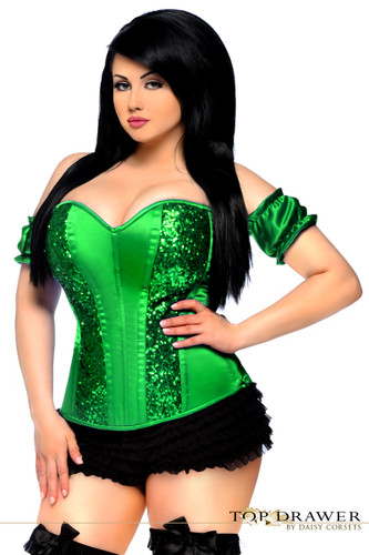 Daisy Corset Top Drawer Green Steel Boned Molded Cup Sequin Corset