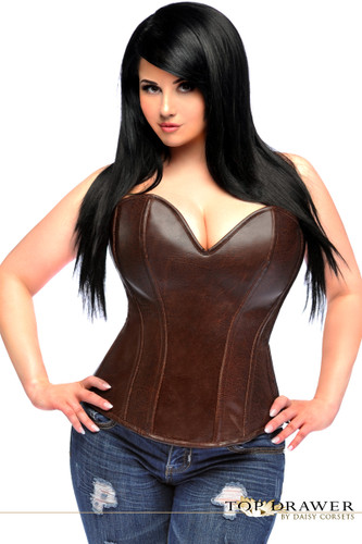 Daisy Corset Top Drawer Dark Brown Distressed Faux Leather Steel Boned Corset Top