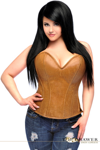 Daisy Corset Top Drawer Camel Distressed Faux Leather Steel Boned Corset Top