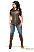 Daisy Corset Top Drawer Dark Brown Steel Boned Faux Leather Collared Corset Top