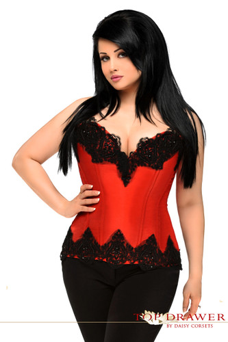 Daisy Corset Top Drawer Plus Size Red Satin Steel Boned Beaded Corset