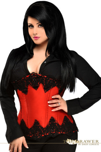 Daisy Corset Top Drawer Plus Size Red Beaded Underbust Steel Boned Corset