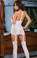 Dreamgirl Floral Stretch Lace Halter Dress with Attached Garters and Thigh High Stockings - White