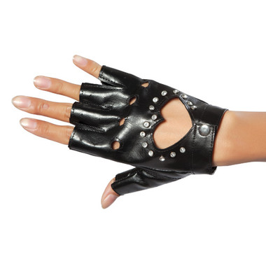 Roma Costume Gloves with Cut-out Heart and Stones - Black