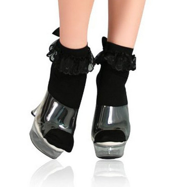 Elegant Moments Nylon Anklet with Ruffle and Satin Bow - Black