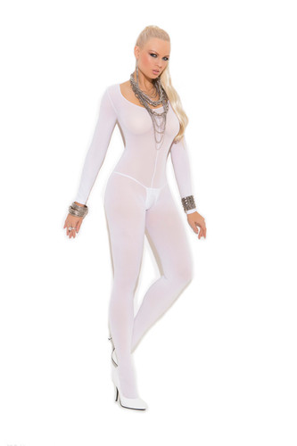 Elegant Moments Opaque Long Sleeve Open Crotch Bodystocking Queen Size - White