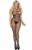 Elegant Moments Rose Lace Bodystocking With Open Crotch Queen Size - Black