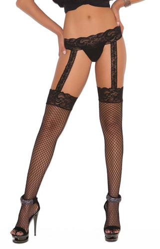 Elegant Moments Diamond Net Thigh High with Lace Top and Attached Garterbelt