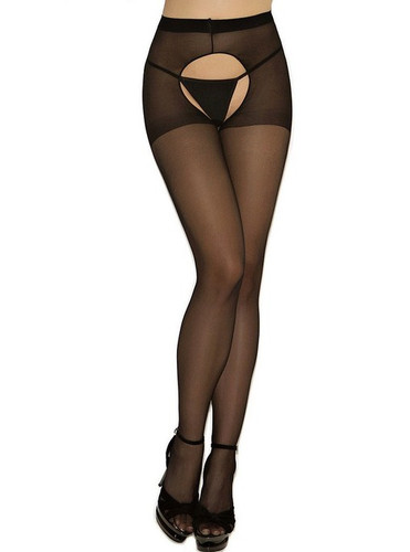 Elegant Moments Sheer Crotchless Pantyhose Queen Size - Black