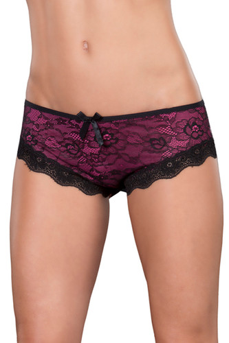 Oh La La Cheri Lace Overlay Crotchless Panty With Cage Back Opening - Pink/Black