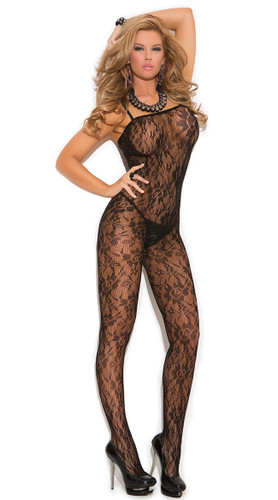 Elegant Moments Rose Lace Bodystocking with Open Crotch - Black