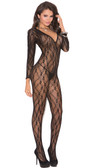 Elegant Moments Deep V Long Sleeve Bodystocking with Open Crotch