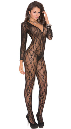 Elegant Moments Deep V Long Sleeve Bodystocking with Open Crotch
